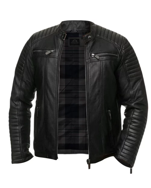 Men Quilted Biker Black Leather Jacket