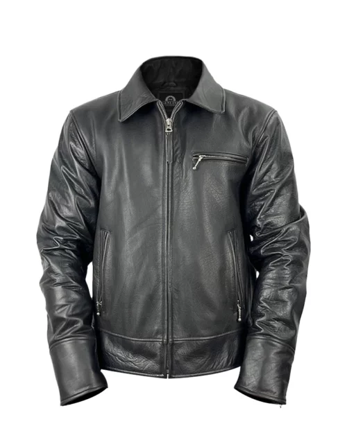 Mens Black Cowhide Leather Harrington Jacket