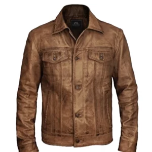 Men’s Distressed Leather Camel Brown Trucker Jacket