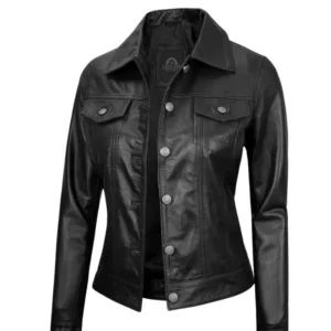 Black Leather Trucker Jacket for Women