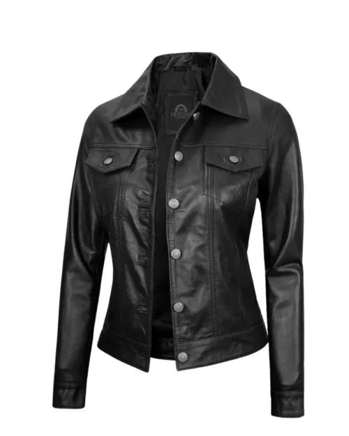 Black Leather Trucker Jacket for Women
