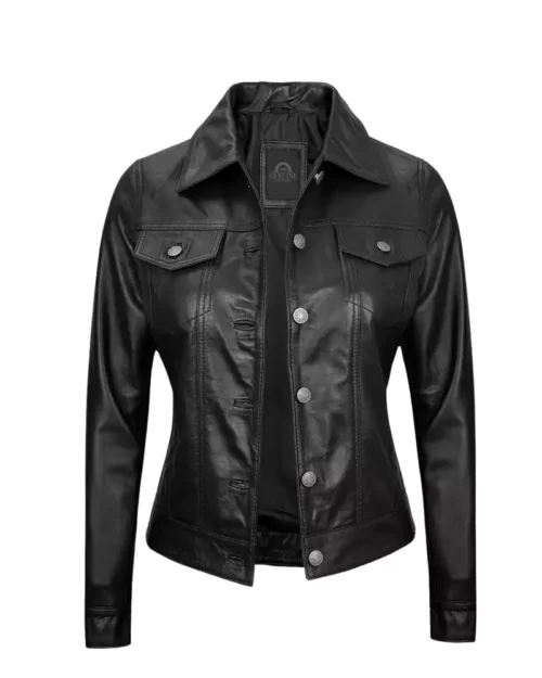 Black Leather Trucker Jacket for Womens
