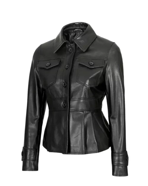 Black Peplum Leather Jacket for Womens