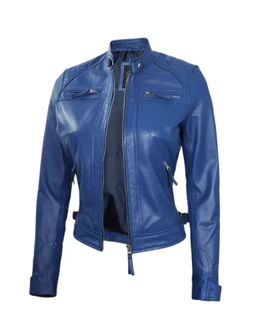 Blue Biker Leather Jacket for Women