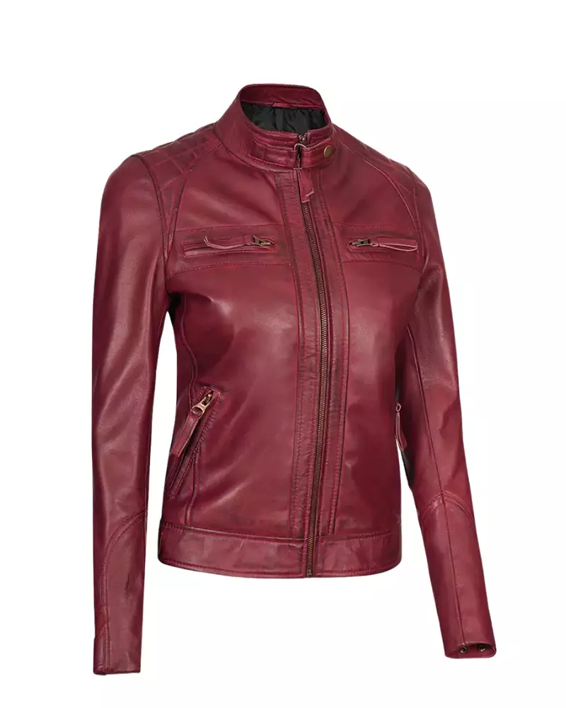 Maroon Quilted Cafe Racer Jacket for Women