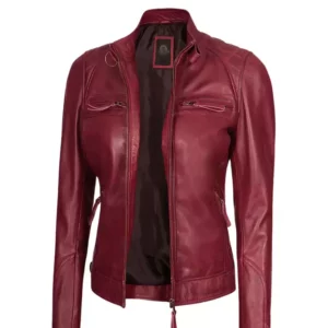 Maroon Quilted Cafe Racer Jacket for Womens