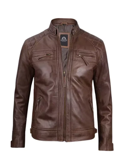 Men Cafe Racer Brown Leather Jacket