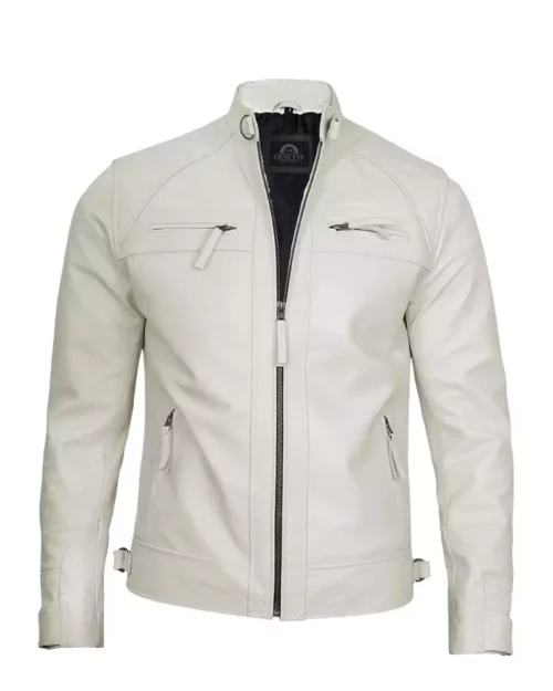 Men Cafe Racer White Leather Jacket