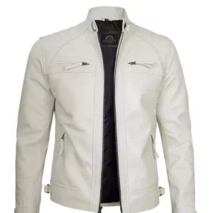 Men White Cafe Racer Leather Jacket