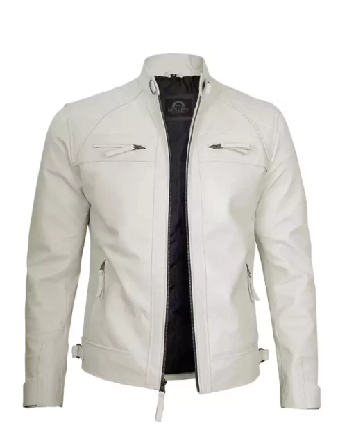 Men White Cafe Racer Leather Jacket