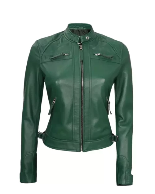 Women Biker Green Leather Jacket