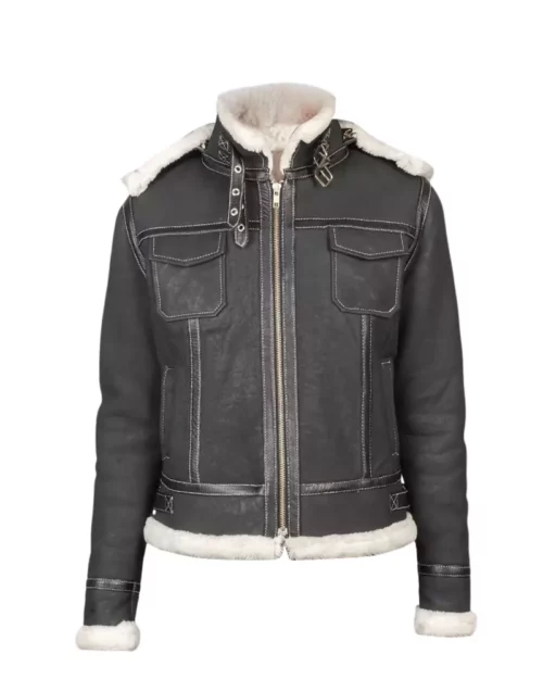 Women Black Leather Shearling Jacket with Hood