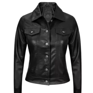 Women Black Leather Trucker Jacket