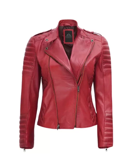 Women Burnt Red Biker Leather Jacket
