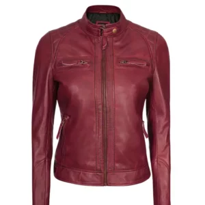 Women Maroon Quilted Cafe Racer Jacket