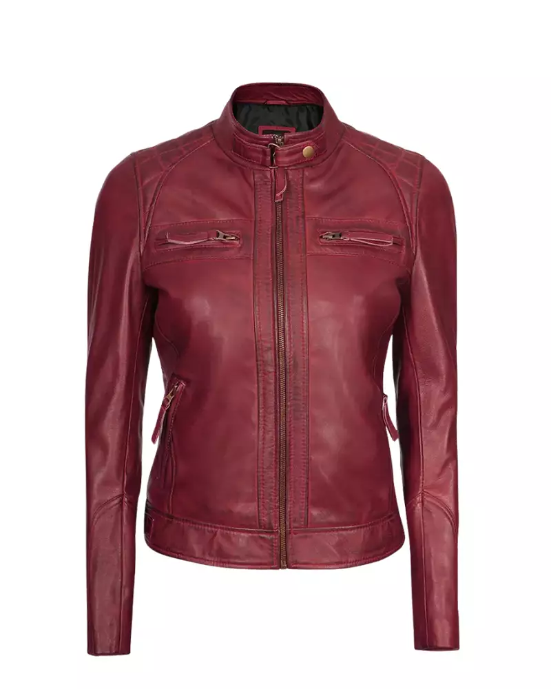 Women Maroon Quilted Cafe Racer Jacket