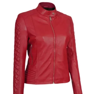 Women Red Cafe Racer Quilted Jacket