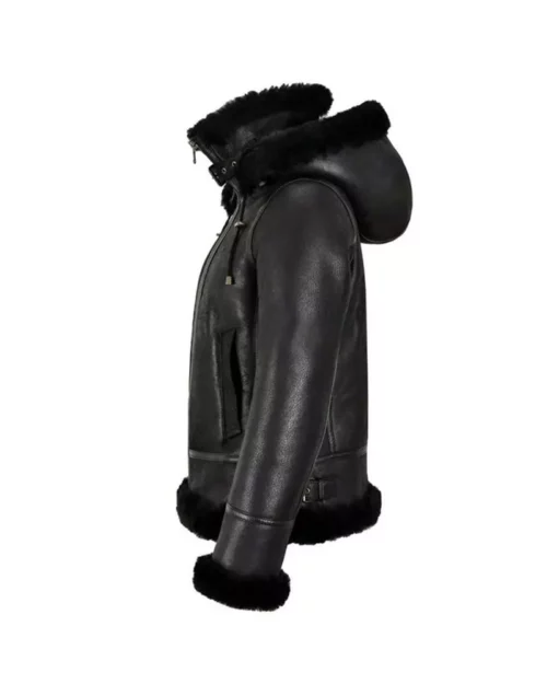 Women Shearling Black Hooded Jacket