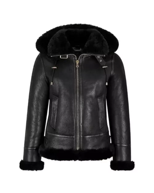 Women Shearling Black Leather Hooded Jacket