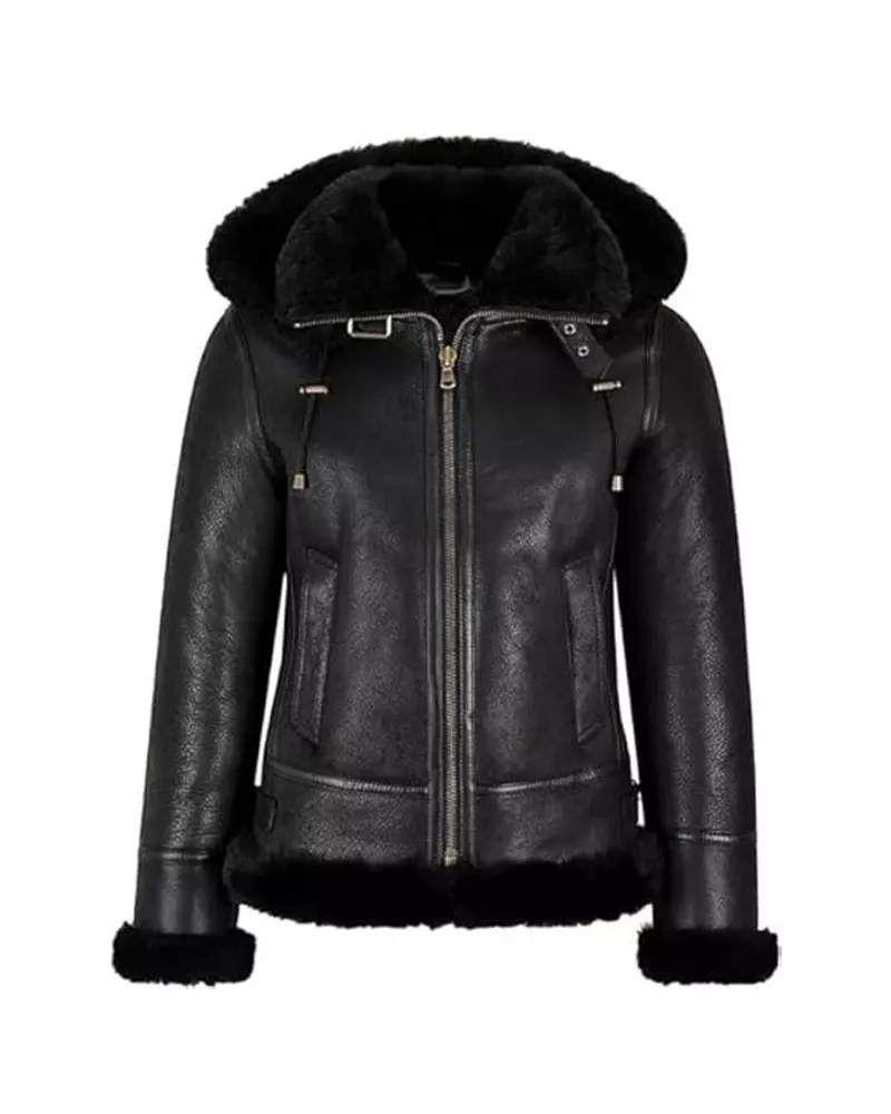 Women Shearling Black Leather Hooded Jacket Shearling Jacket - Main Image