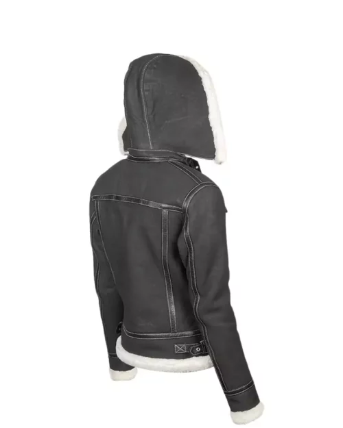 Womens Black Leather Shearling Jacket with Hood