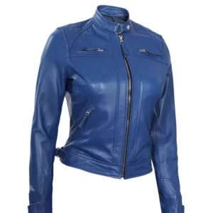 Womens Blue Biker Leather Jacket