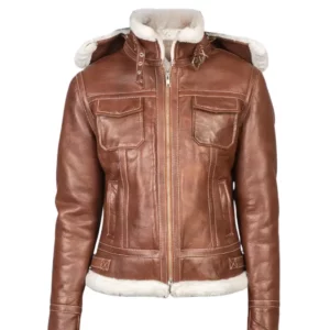 Womens Brown Hooded Shearling Jacket