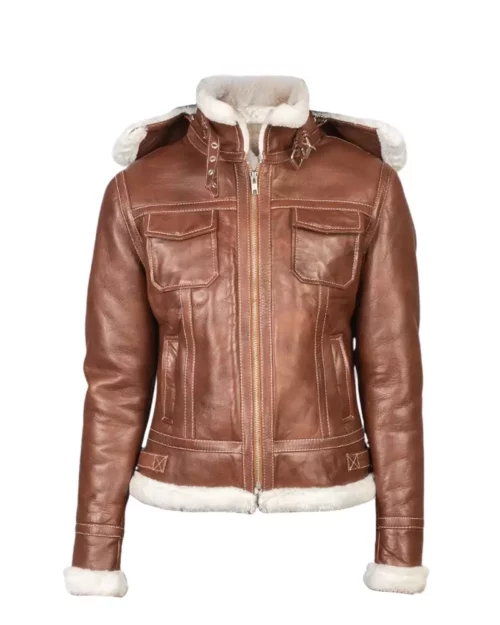 Womens Brown Hooded Shearling Jacket