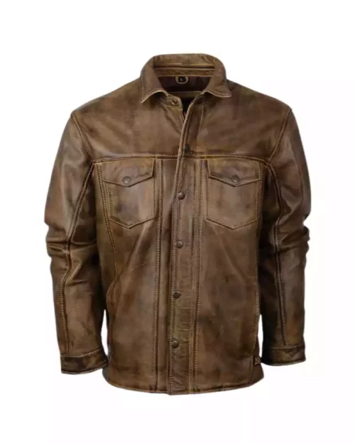 Men Distressed Brown Leather Biker Shirt Jacket