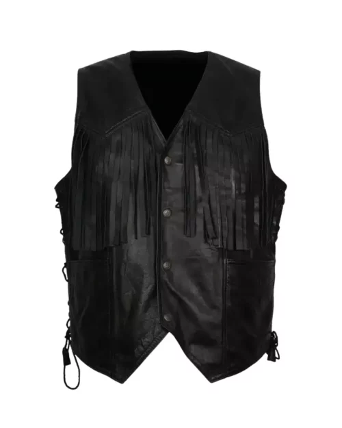 Men Western Cowboy Fringe Black Leather Vest