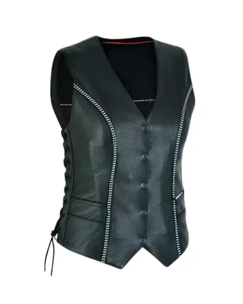 Women Black Leather Motorcycle Bling Vest
