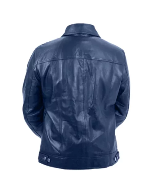 Men Blue Genuine Leather Trucker Jacket