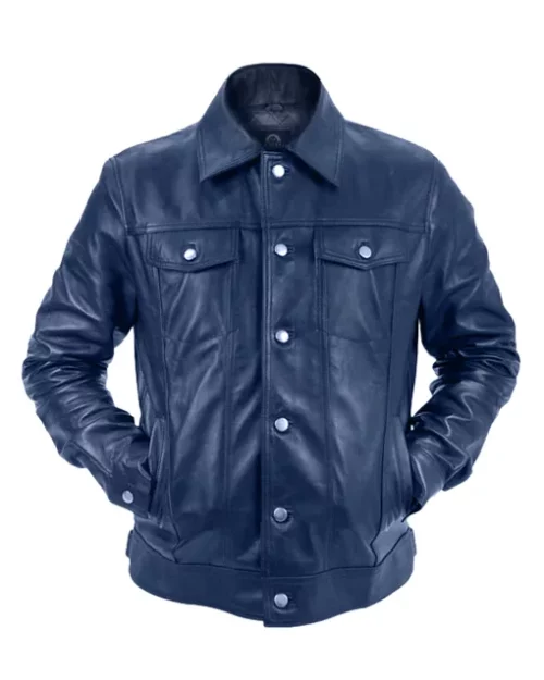 Mens Blue Genuine Leather Trucker Jacket