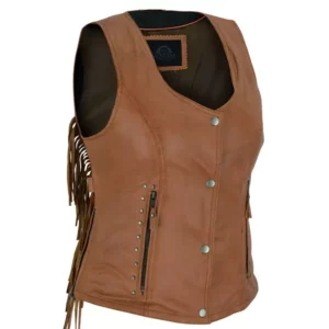 Women Brown Leather Vest with Fringe