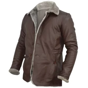 Men Brown Fur Collar Slim Fit Leather Blazer Jacket