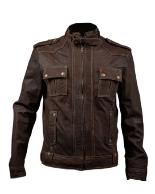 Men Brown Slim Fit Leather Moto Jacket