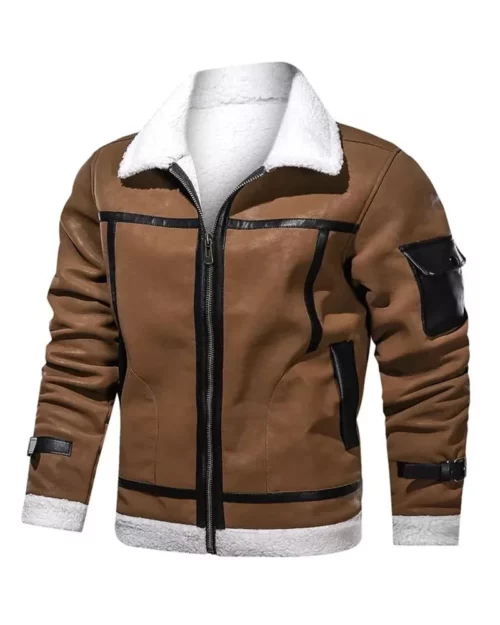 Men Brown White Shearling Jacket