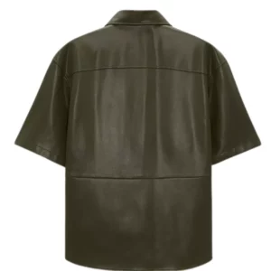 Men Dark Green Half Sleeves Leather Shirt