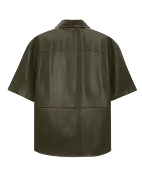 Men Dark Green Half Sleeves Leather Shirt