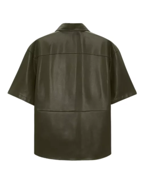 Men Dark Green Half Sleeves Leather Shirt