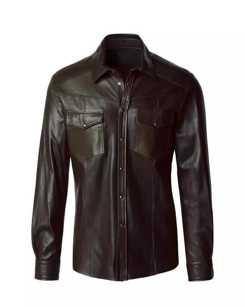 Men Genuine Button Down Classic Leather Shirt