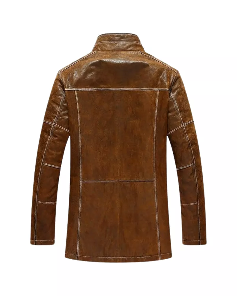 Men Vintage Standing Collar Brown Winter Coat