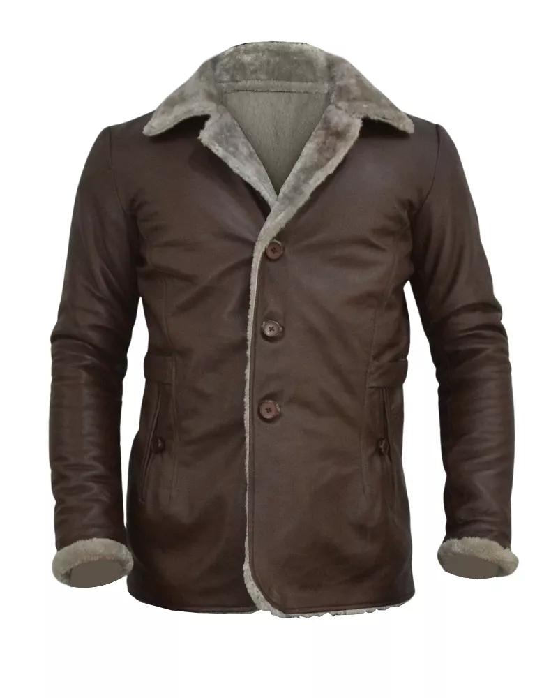 Men's Brown Fur Collar Slim Fit Leather Blazer Jacket