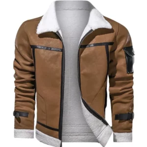 Men's Brown White Shearling Leather Jacket