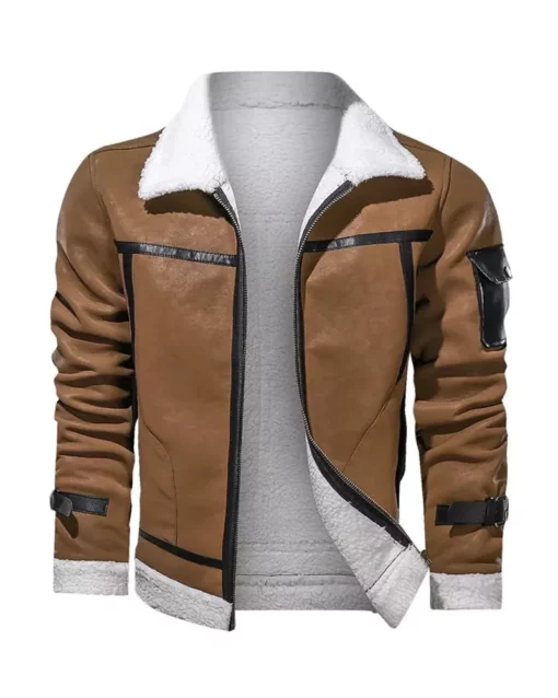 Men's Brown White Shearling Leather Jacket