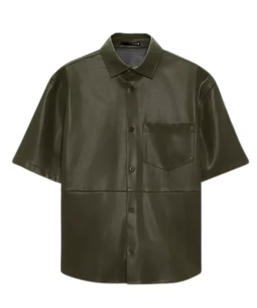 Men's Dark Green Half Sleeves Leather Shirt
