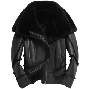 Mens Double Collar Sheepskin Biker Jacket