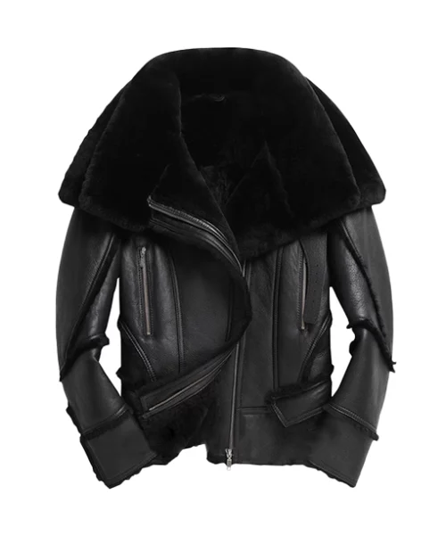 Mens Double Collar Sheepskin Biker Jacket