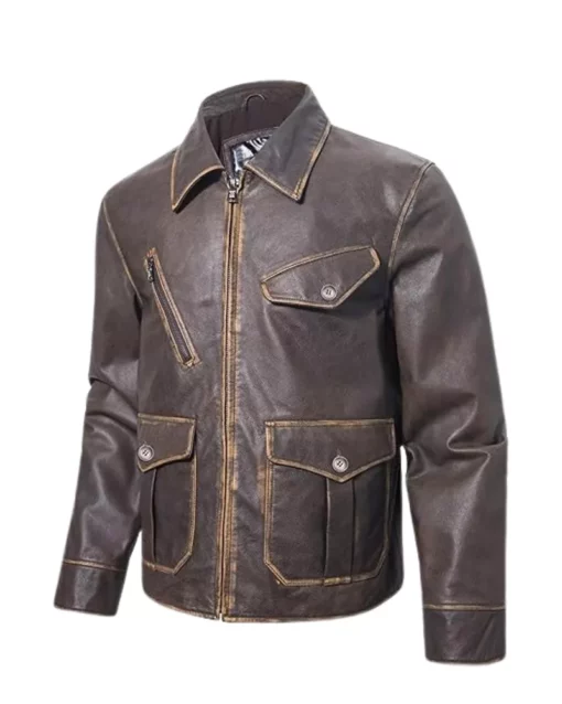 Men's Genuine Leather Casual Jacket with Adjustable Belt Strap