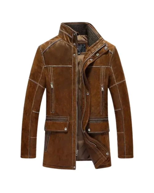 Men's Vintage Standing Collar Brown Winter Coat